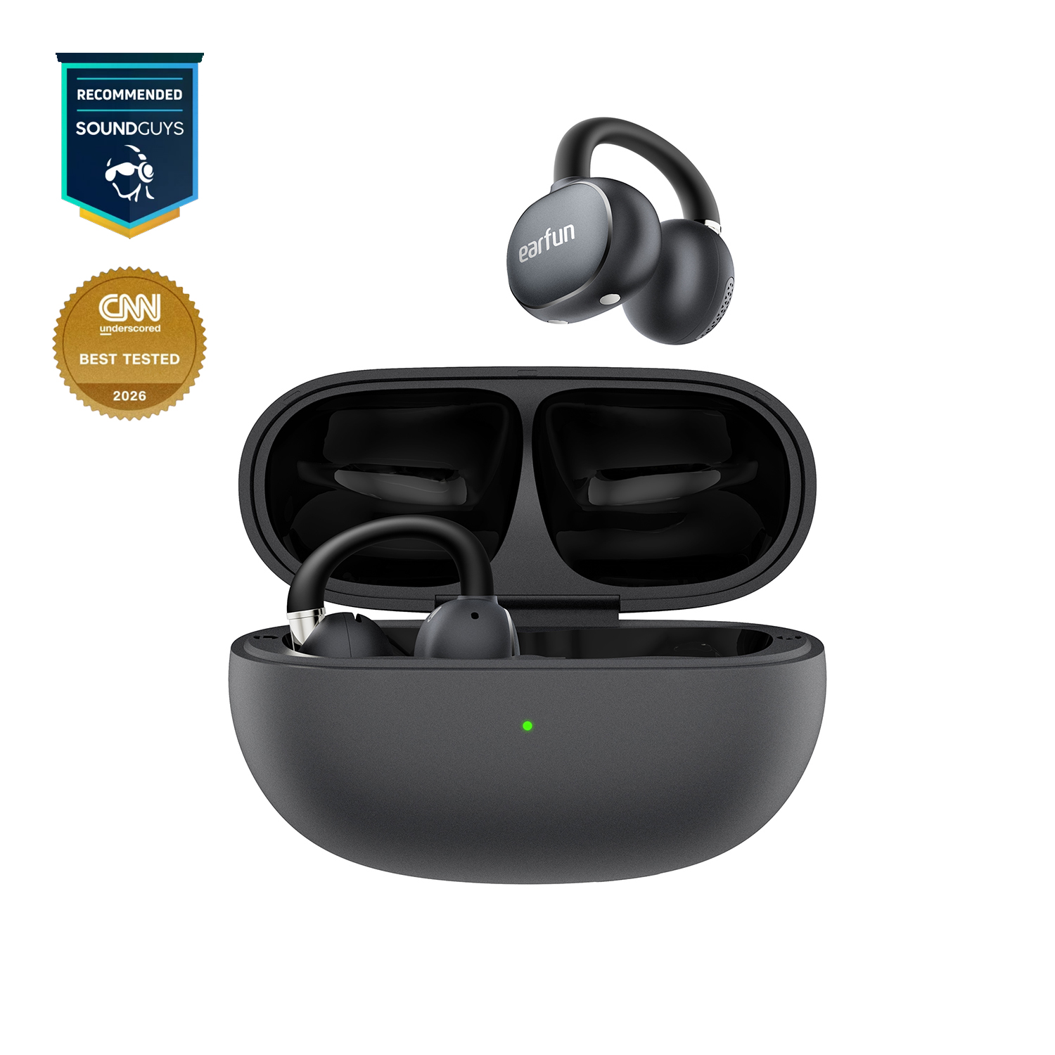 EarFun Clip 2 open-ear clip earbuds black with charging case