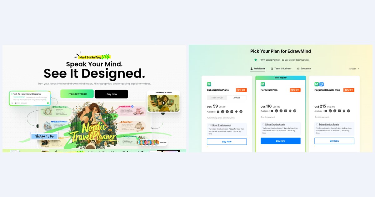 EdrawMind home page and EdrawMind pricing page in US dollars, side by side