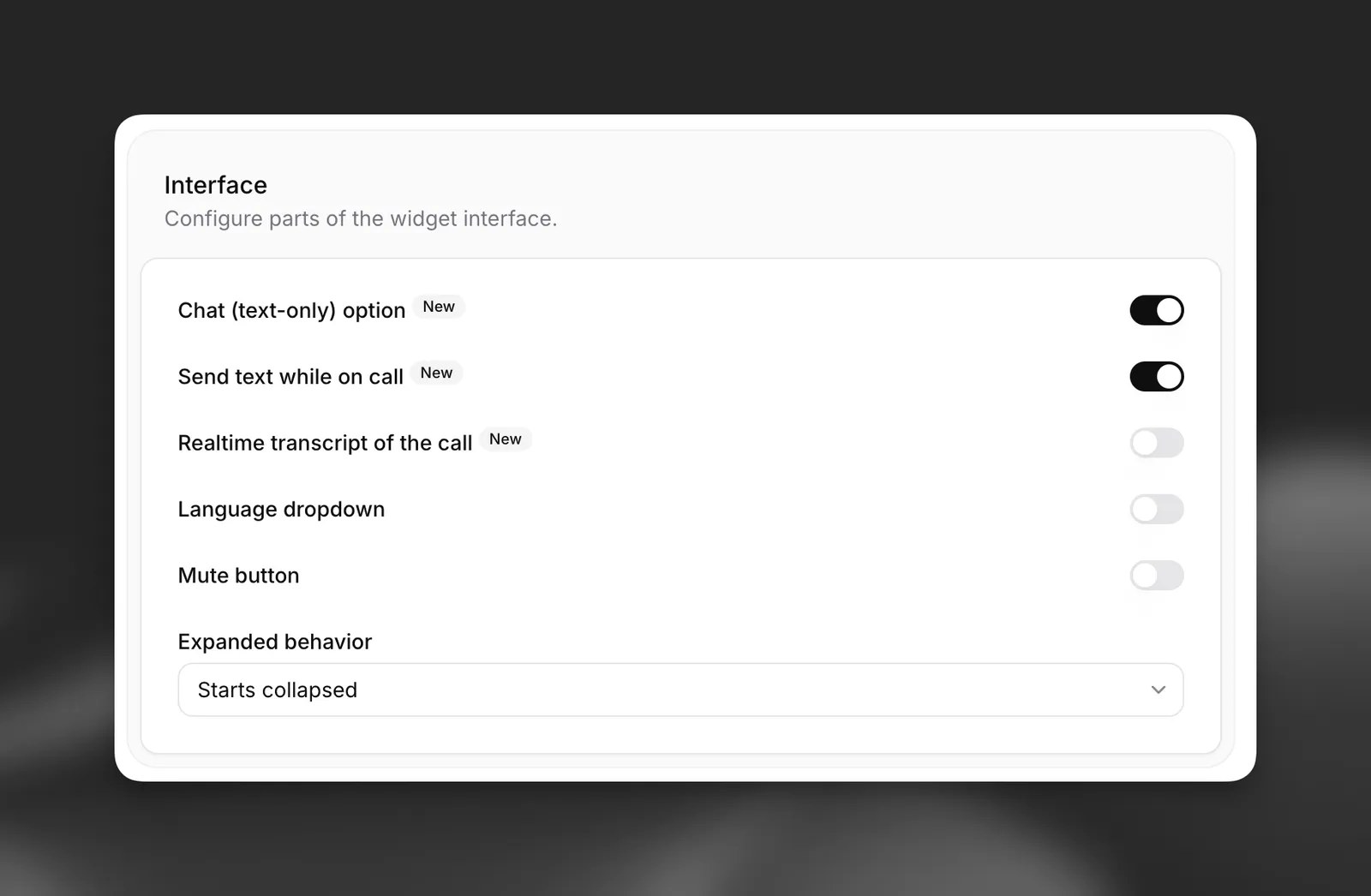 ElevenLabs widget interface settings: chat option, text while on call, transcript, language dropdown, mute button