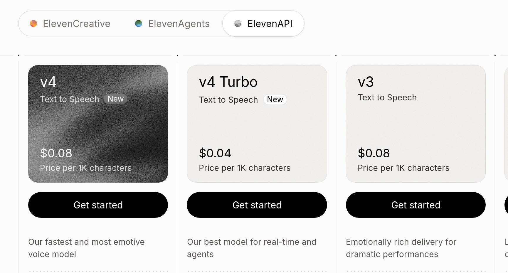 ElevenLabs API pricing model cards: v4 $0.08, v4 Turbo $0.04, v3 $0.08 per 1K characters