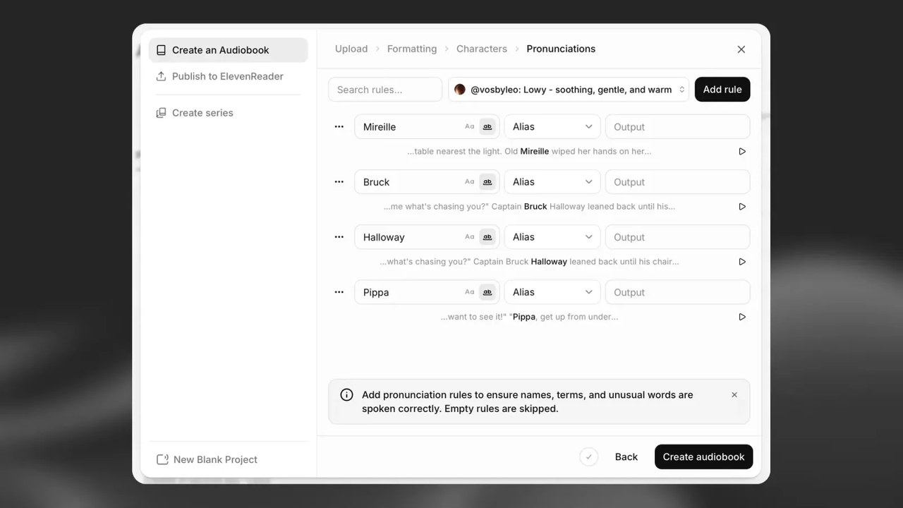 ElevenLabs Audiobooks pronunciations step with alias rules for character names