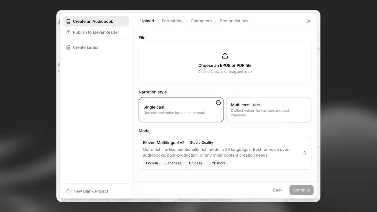 ElevenLabs Create an Audiobook screen with EPUB or PDF upload, single or multi cast and model choice