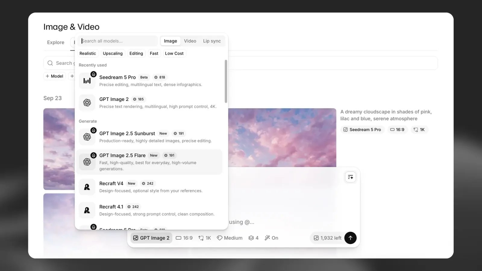 ElevenLabs Image and Video model picker with Image, Video and Lip sync tabs, filters Realistic, Upscaling, Editing, Fast and Low Cost, and models such as Seedream 5 Pro, GPT Image 2, GPT Image 2.5 and Recraft with credit badges