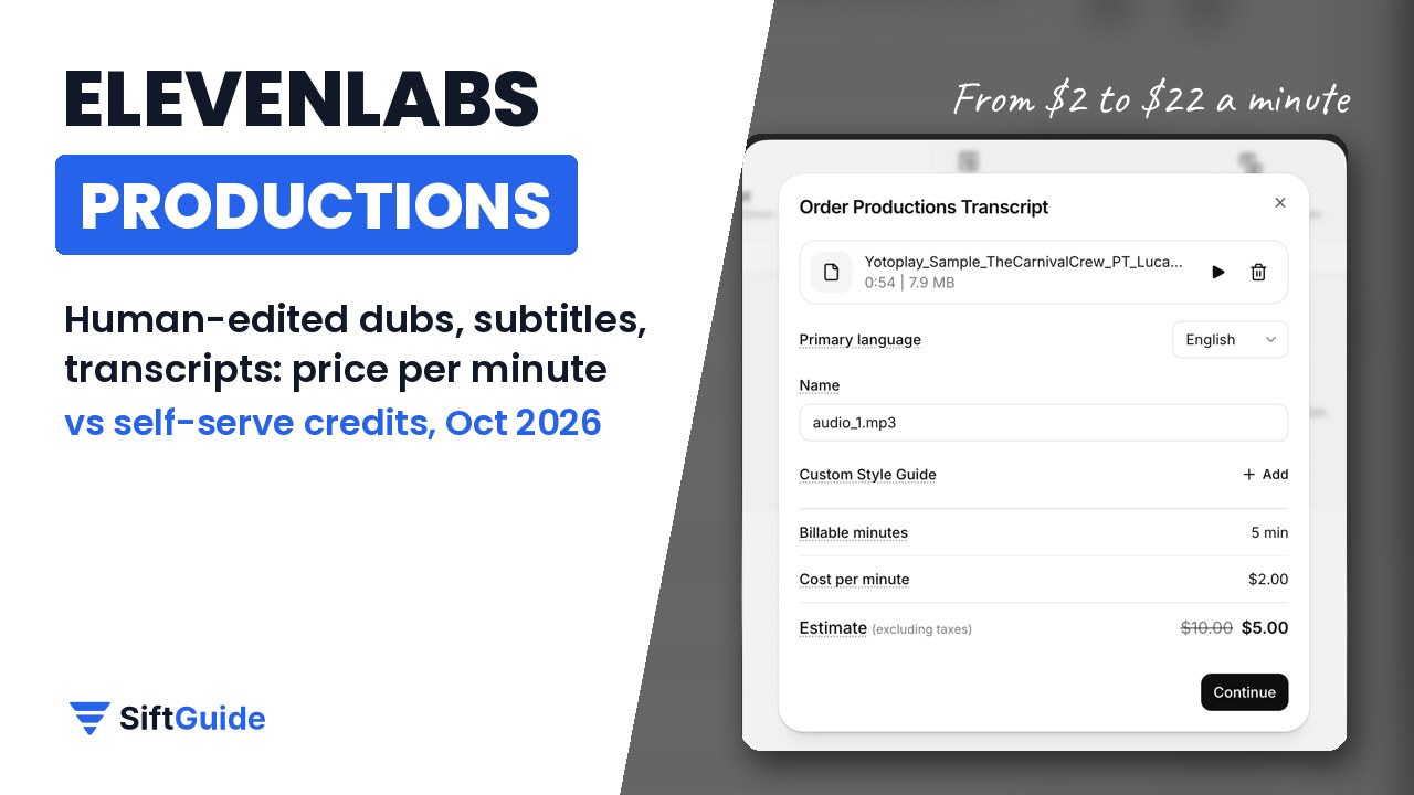 ElevenLabs Productions pricing per minute, SiftGuide