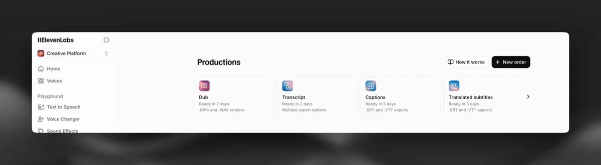 ElevenLabs Productions page in the app with order cards for Dub, Transcript, Captions and Translated subtitles and their typical ready times