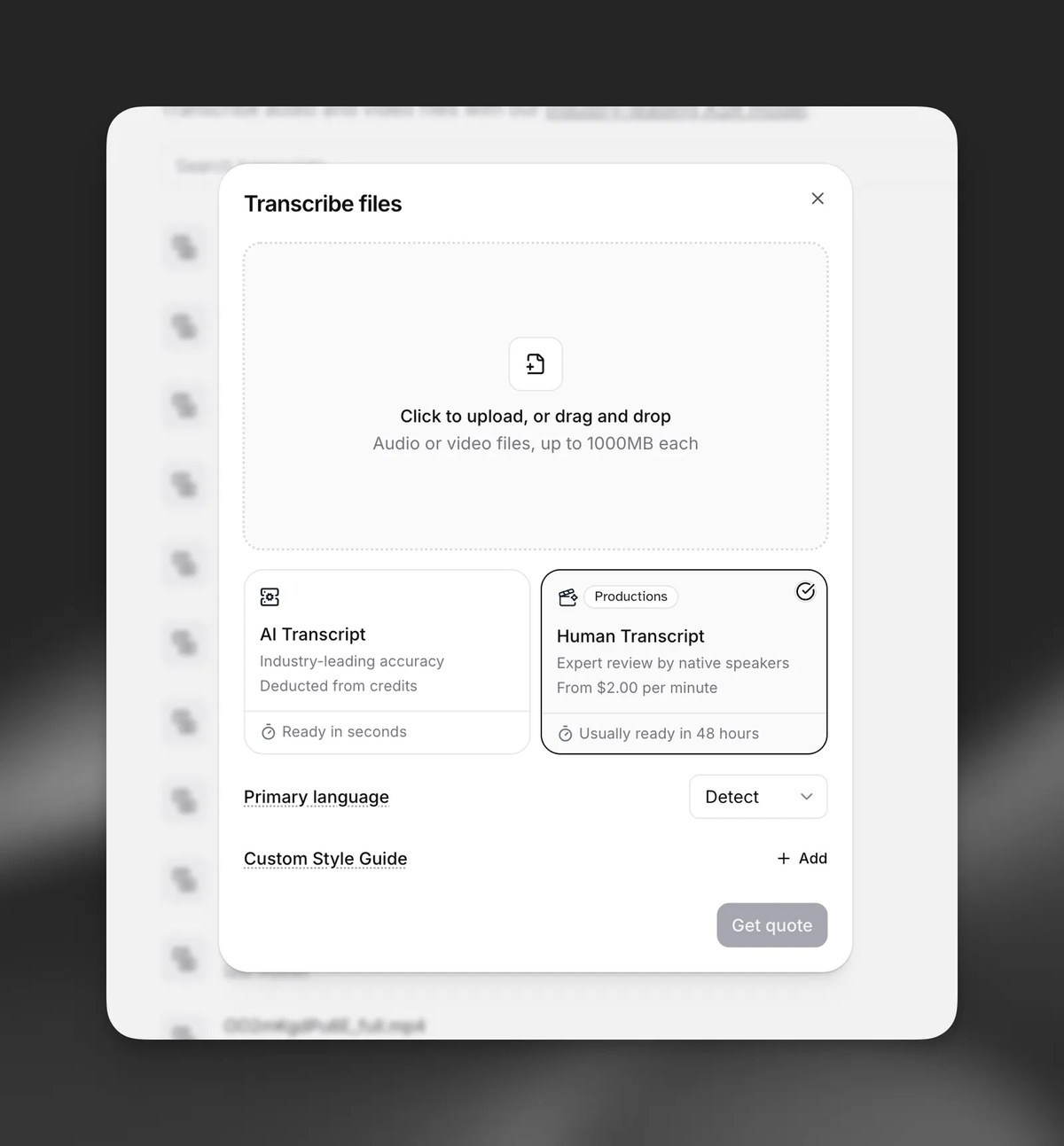 ElevenLabs Transcribe files dialog with two options: AI Transcript deducted from credits, ready in seconds, and Productions Human Transcript, expert review by native speakers, from $2.00 per minute, usually ready in 48 hours
