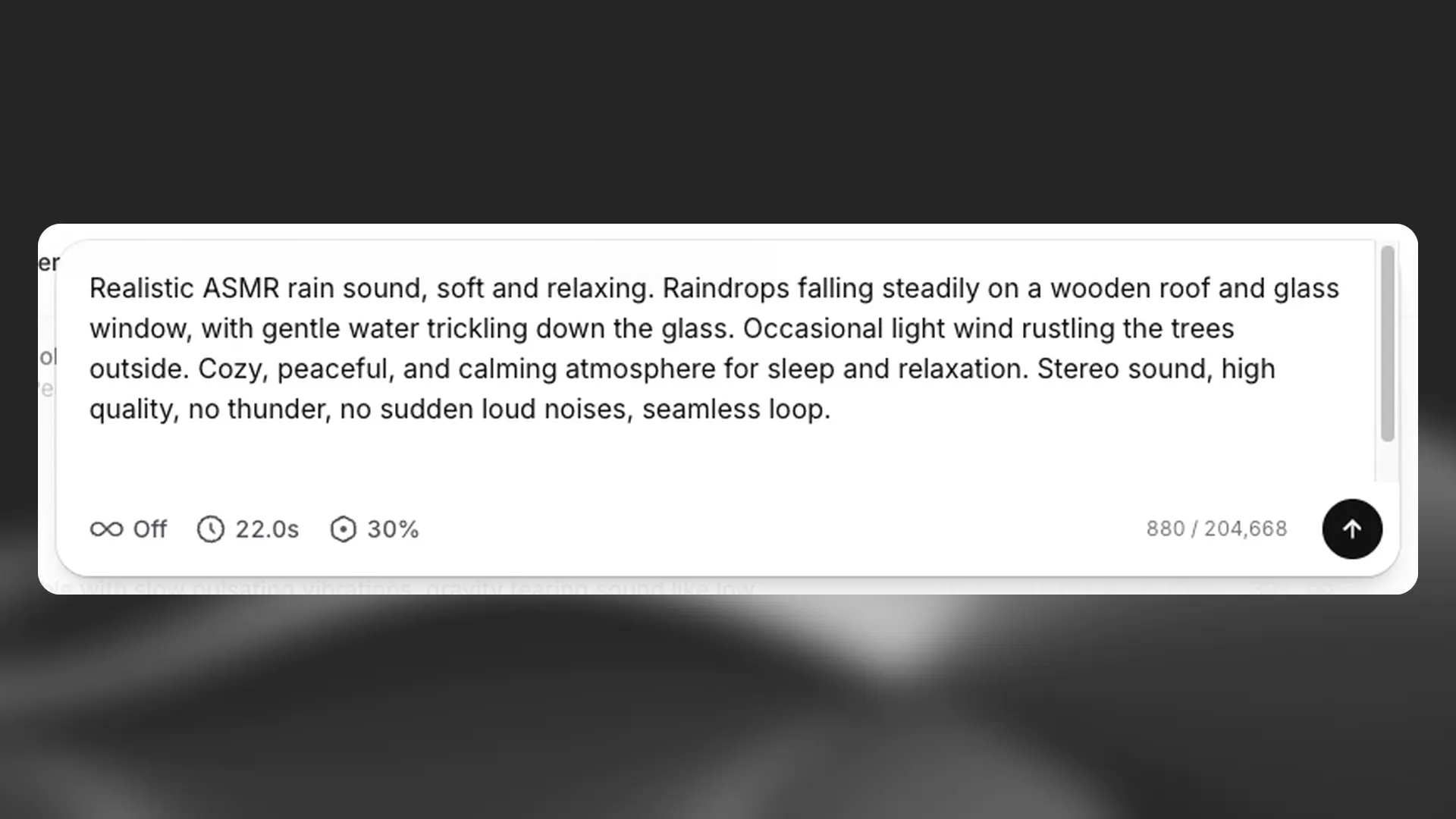 ElevenLabs Sound Effects prompt box with looping off, a 22.0 second duration and 30% prompt influence