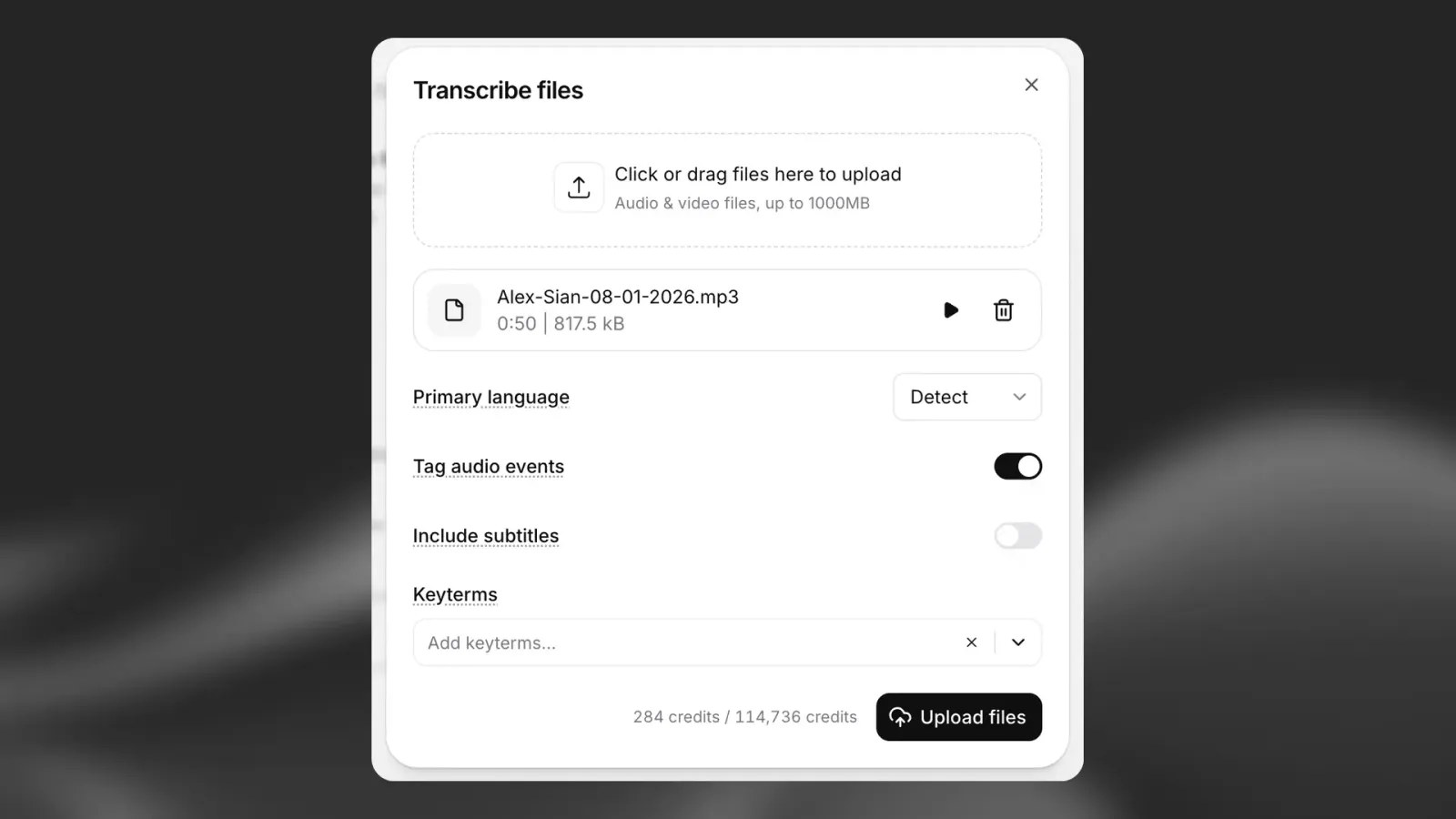 ElevenLabs Transcribe files dialog with primary language, tag audio events and keyterms