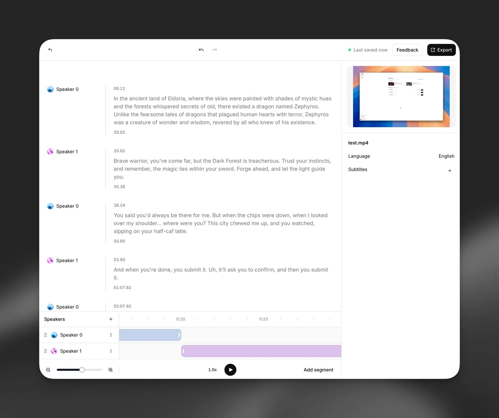 ElevenLabs Transcript Editor with speaker segments and timeline