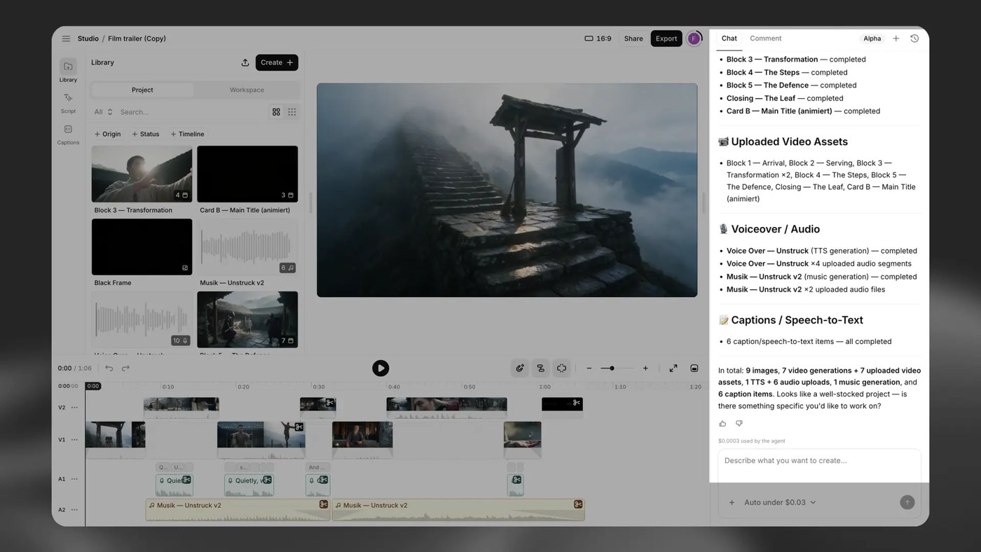 ElevenLabs Studio Agent chat panel next to a video project timeline