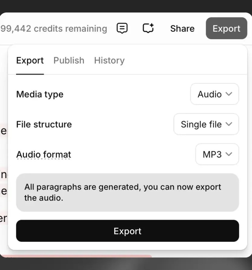 ElevenLabs Studio Export dialog with Export, Publish and History tabs, media type Audio, file structure Single file, audio format MP3