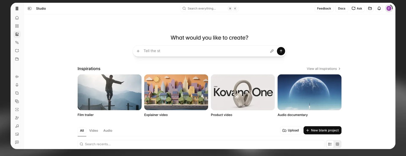 ElevenLabs Studio home with the What would you like to create prompt bar, Inspirations cards (Film trailer, Explainer video, Product video, Audio documentary), Upload and New blank project buttons
