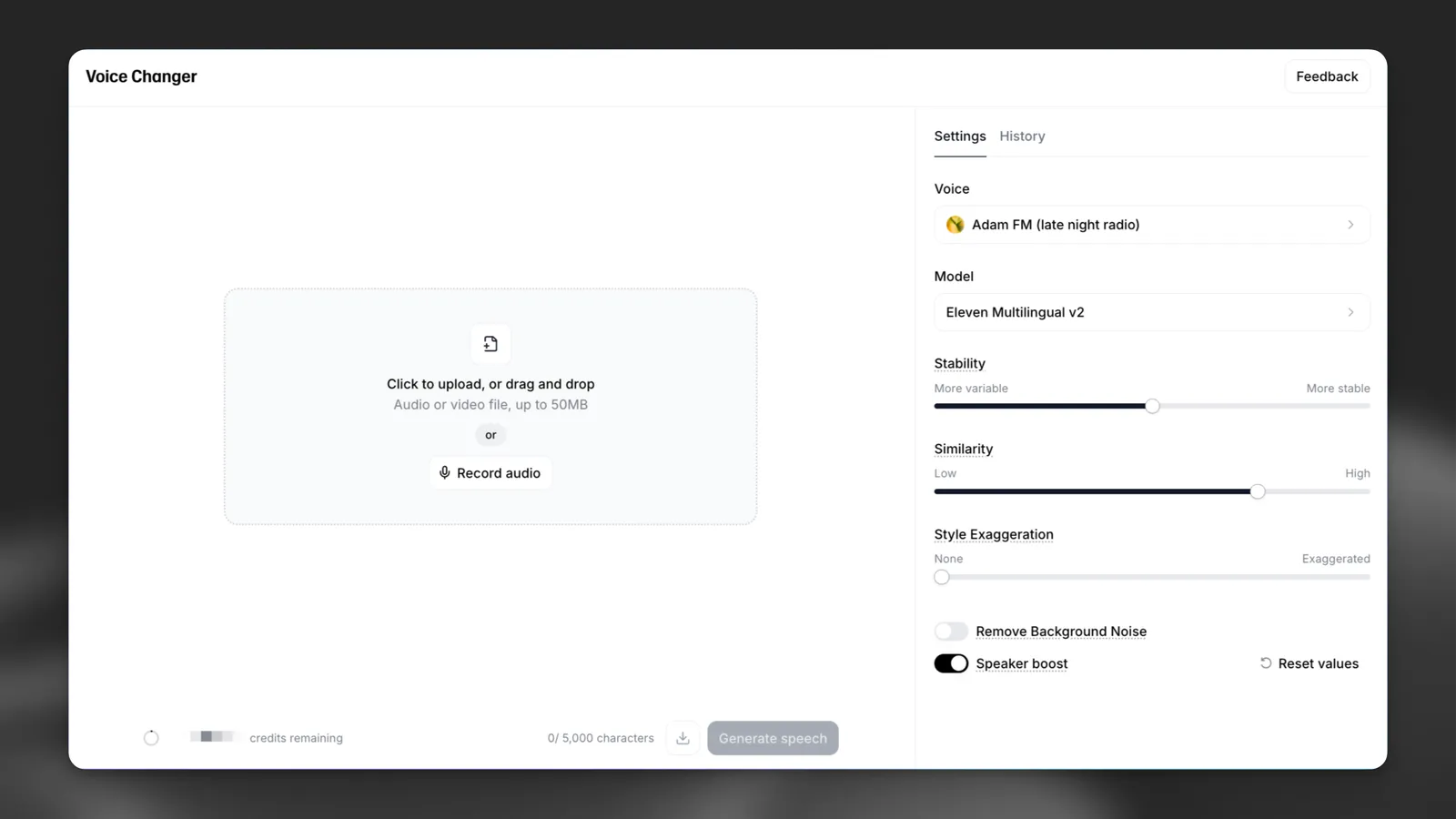 ElevenLabs Voice Changer screen: upload or record audio on the left, voice, model, stability, similarity, style exaggeration and Remove Background Noise on the right