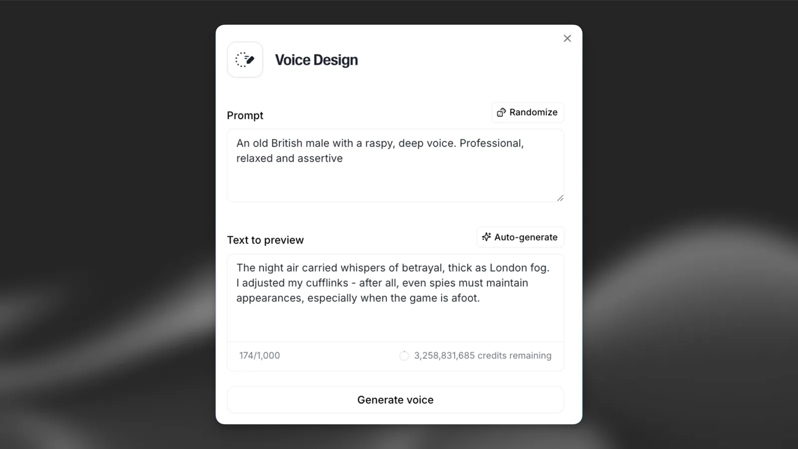 ElevenLabs Voice Design window: Prompt box with Randomize, Text to preview box with Auto-generate and a 174/1,000 character counter, and the Generate voice button