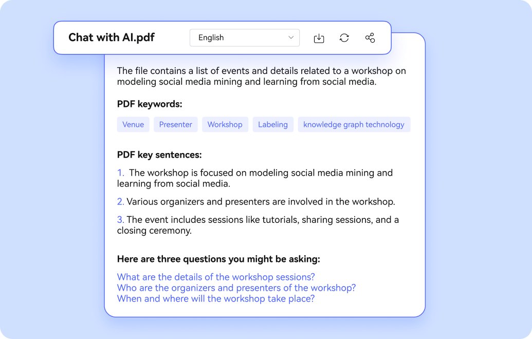 HiPDF Chat with PDF illustration showing a summary, keywords and suggested questions
