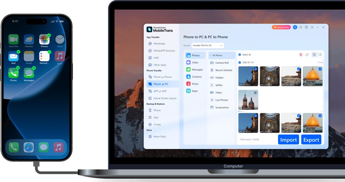 MobileTrans on a laptop transferring photos between two phones