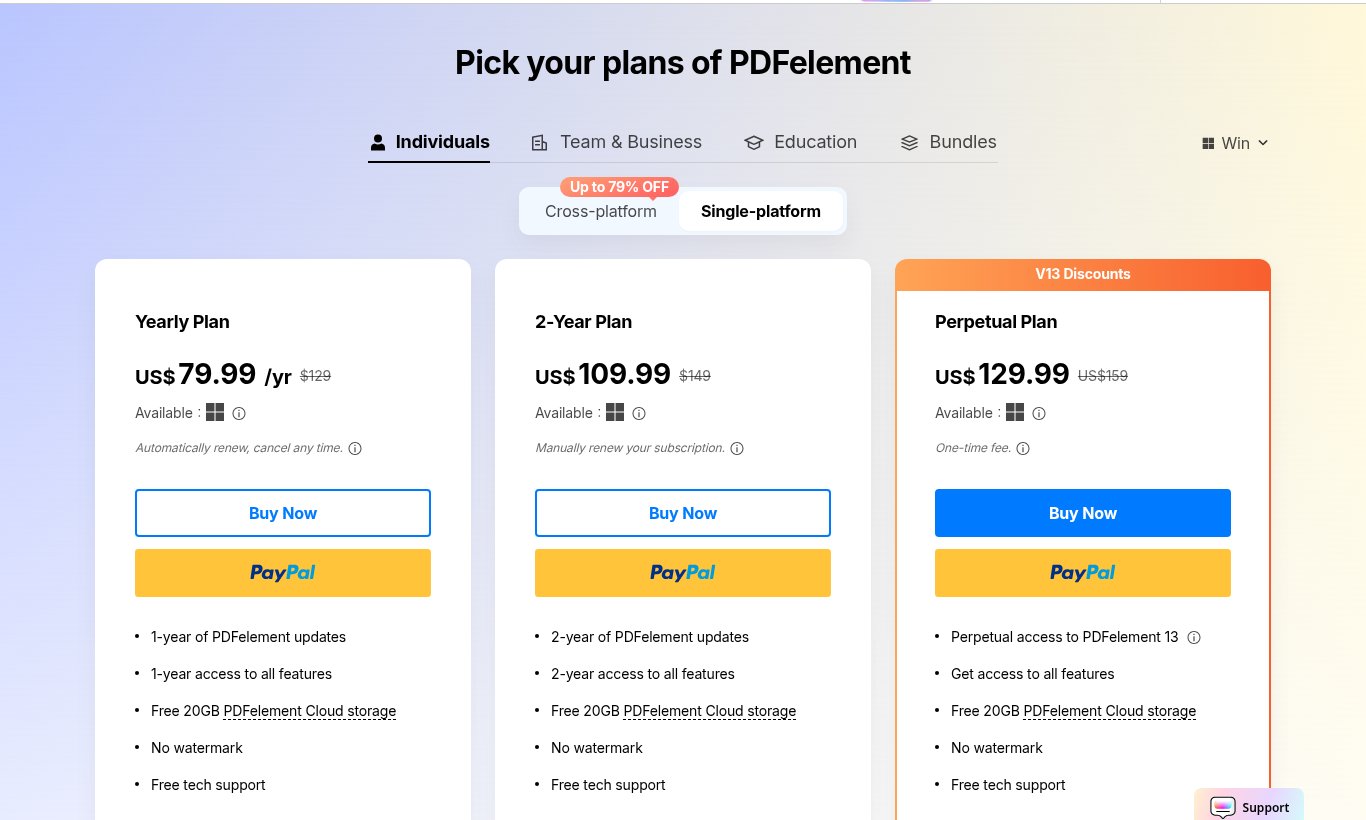PDFelement individual pricing page, Windows, Single-platform tab