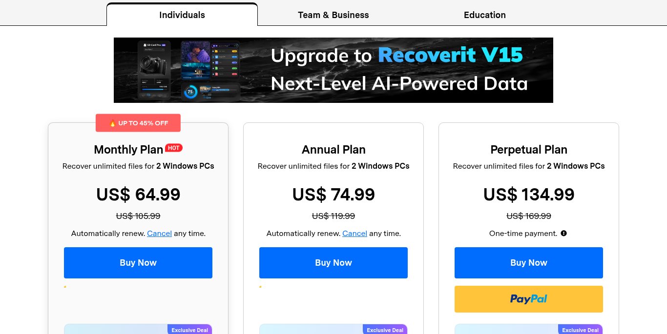 Recoverit for Windows pricing page: Monthly Plan US$64.99, Annual Plan US$74.99, Perpetual Plan US$134.99, each for 2 Windows PCs