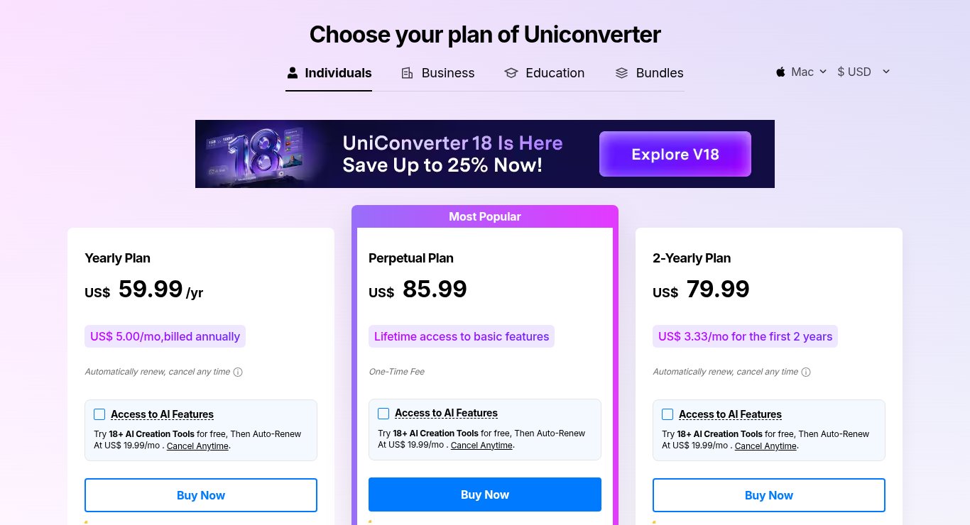 UniConverter for Mac pricing page in USD: Yearly Plan US$59.99, Perpetual Plan US$85.99, 2-Yearly Plan US$79.99, with unticked Access to AI Features boxes