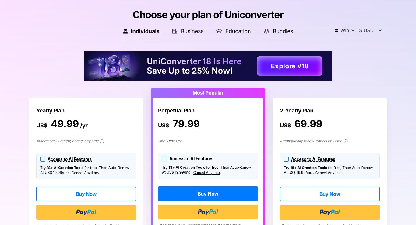 UniConverter for Windows pricing page, Individuals tab, USD