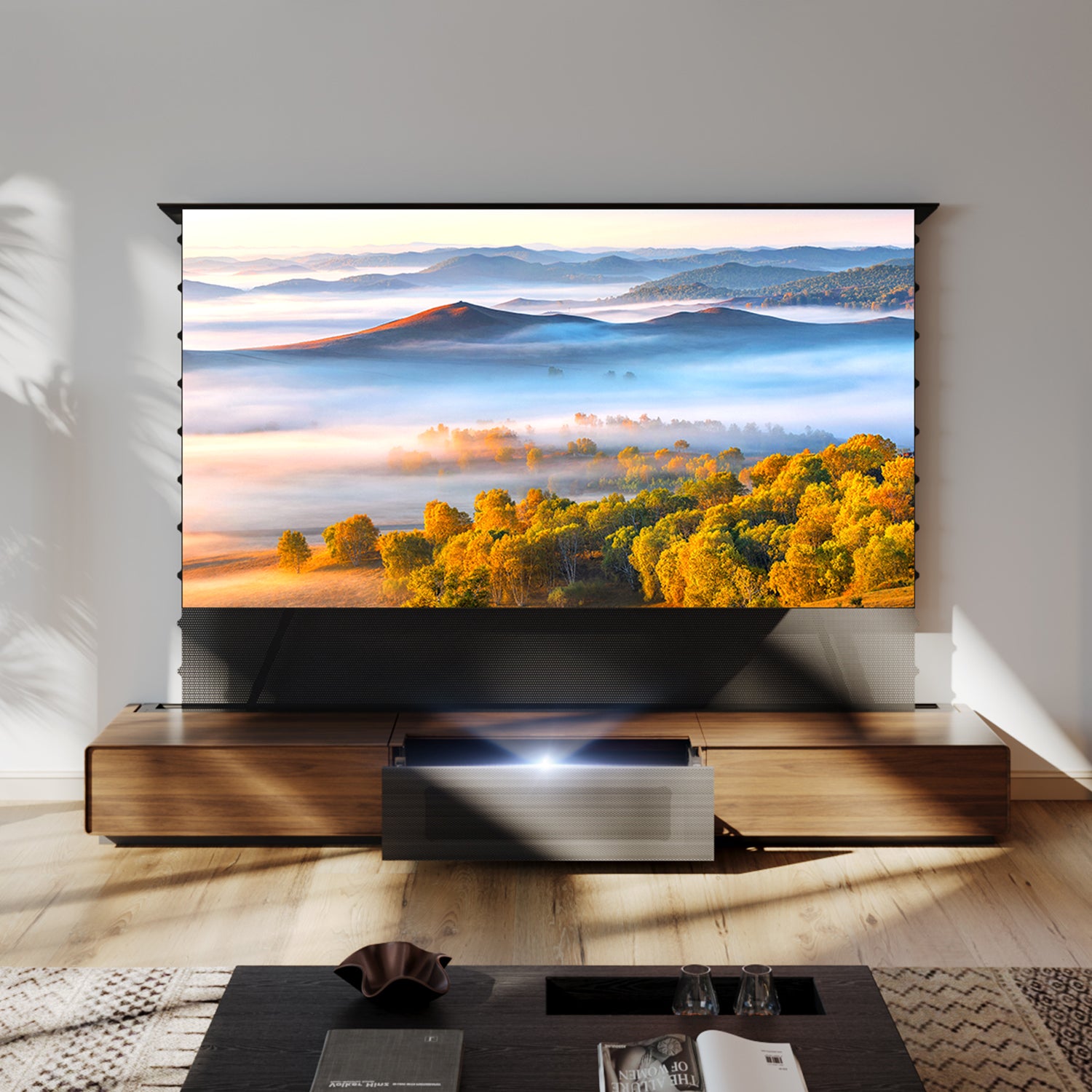 Shore Walnut Matte Motorized UST Laser TV Cabinet (100 or 120 inches)