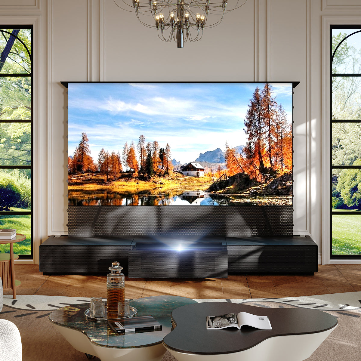 Shore Wood Grain TV cabinet for ultra short throw projectors