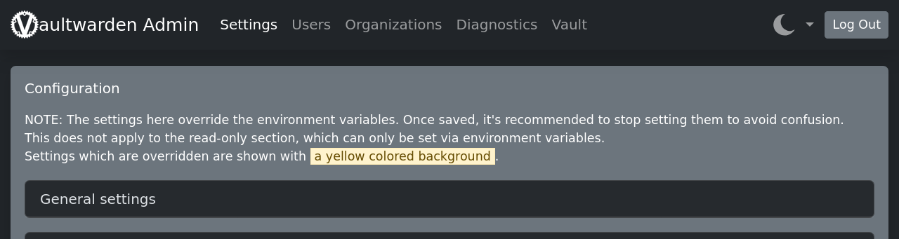Vaultwarden admin panel, screenshot from the official Vaultwarden wiki