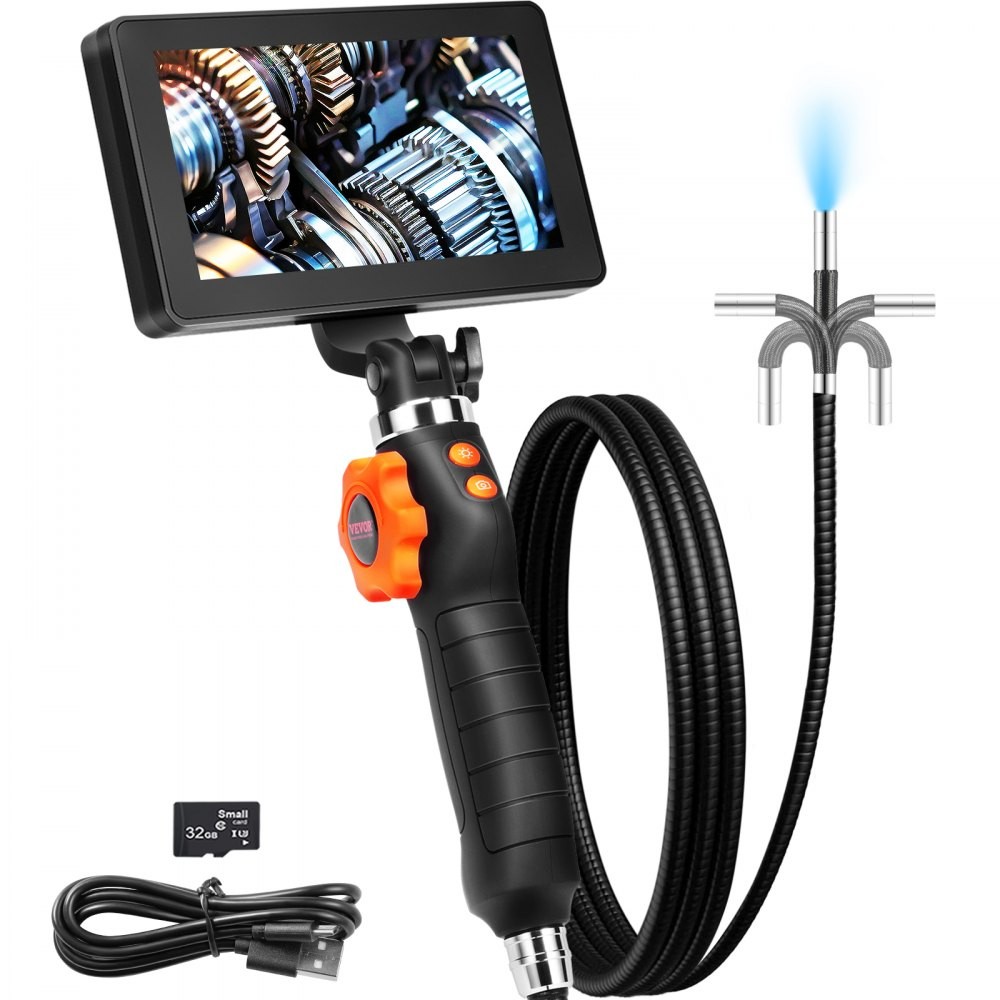 VEVOR ZX2-D2 two-way articulating borescope with 5 inch screen, pistol grip, steering knob and 6.4 mm probe, official product image