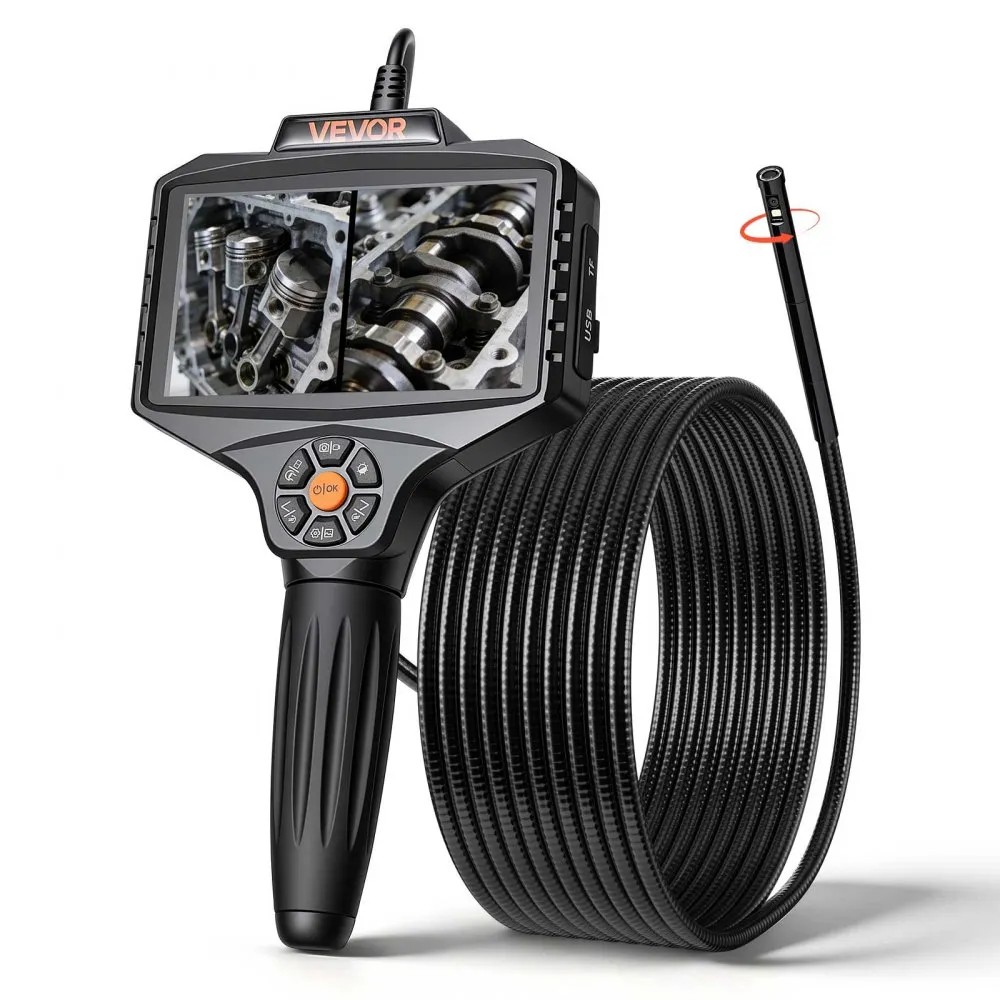 VEVOR SC8 dual-lens borescope with 360 degree motorized rotation, 5 inch split screen and 5 m snake cable, official product image