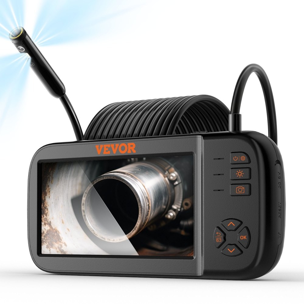 VEVOR triple-lens borescope with 4.5 inch IPS screen, 8 mm probe and 5 m semi-rigid cable, official product image
