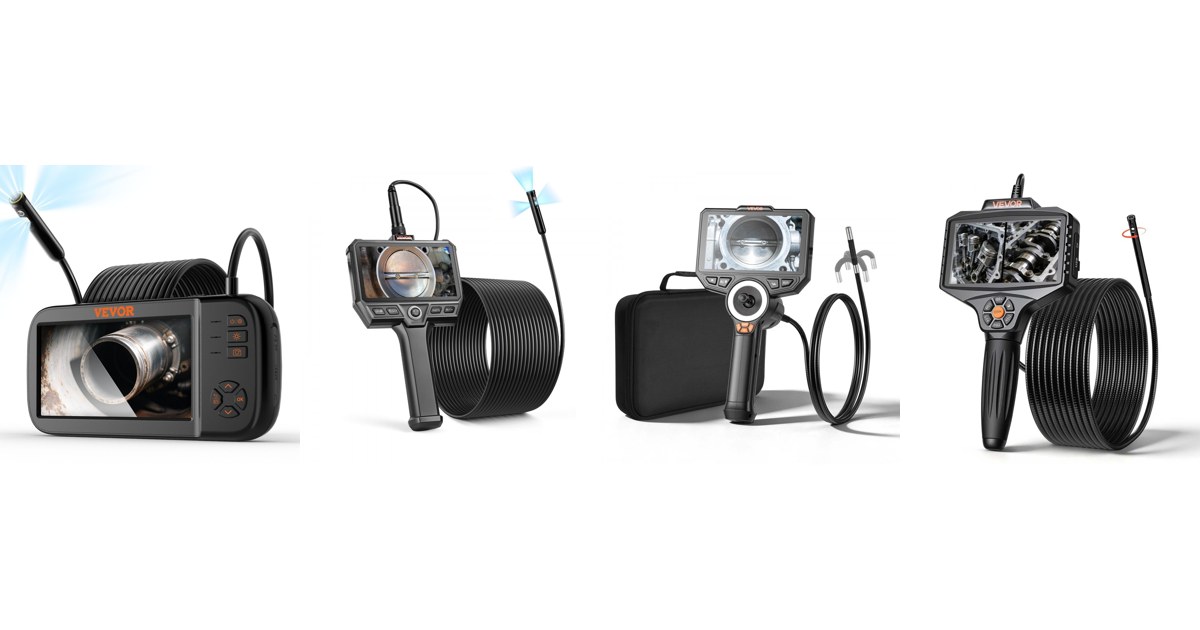 VEVOR borescopes side by side: triple-lens model with 4.5 inch screen, 10 m rigid-cable triple-lens model, four-way articulating SX4 and motorized dual-lens SC8, official VEVOR product images