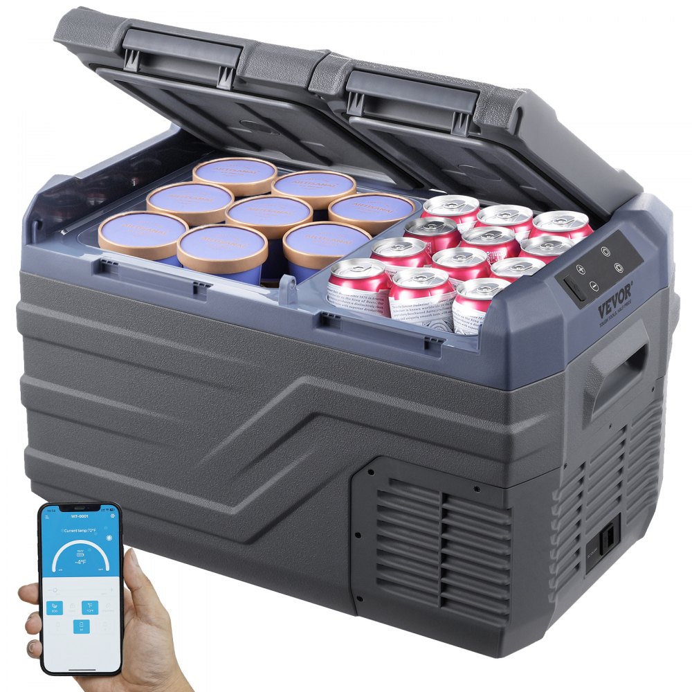 VEVOR 25L dual zone 12V compressor car fridge with two lids, official product image