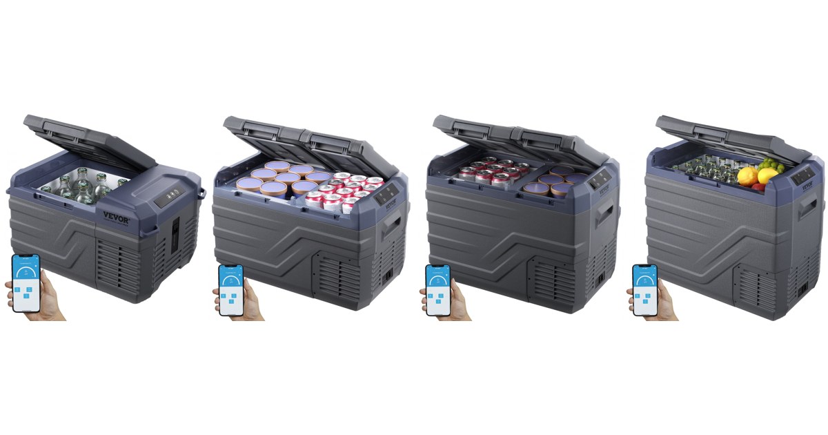 Four VEVOR 12V compressor car fridges from 9 L to 45 L side by side, official VEVOR product images