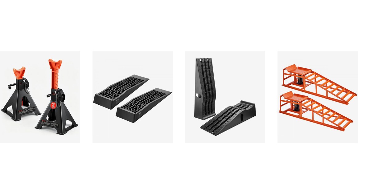 VEVOR car ramps and jack stands: 3 ton jack stands, low profile ramps, high profile ramps and hydraulic steel ramps, official VEVOR product images