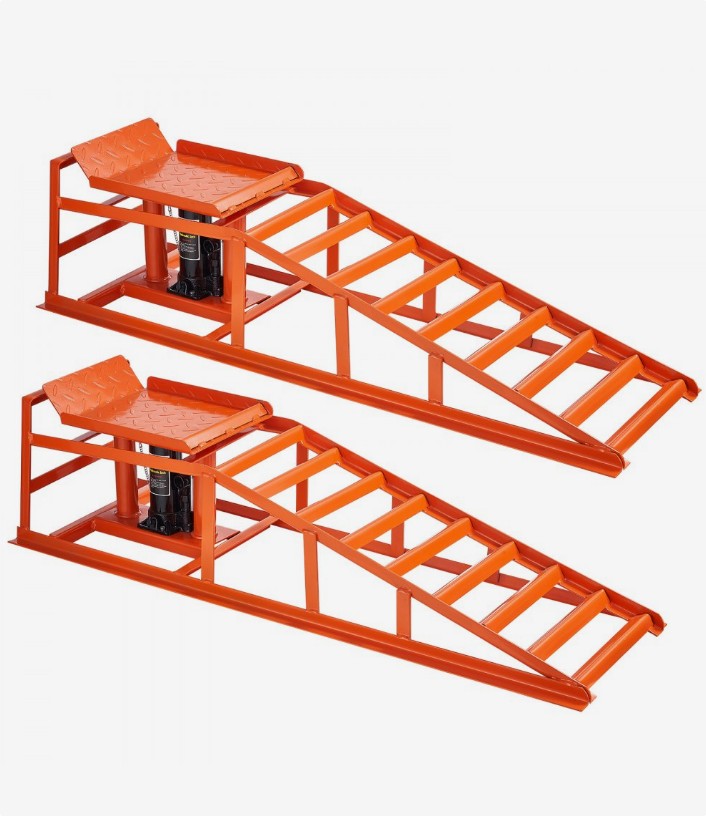 VEVOR CR02 red steel hydraulic car ramps, 270 to 360 mm lift, pair, official product image
