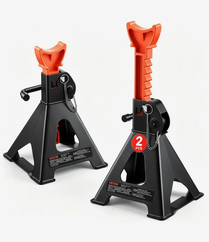 VEVOR HM3141C 3 ton jack stands pair with ratchet and metal locking pin, black and orange, official product image