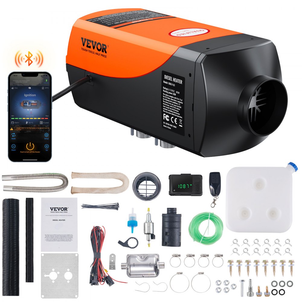 VEVOR XMZ-D2 2KW Bluetooth app diesel air heater split kit with installation parts, official product image