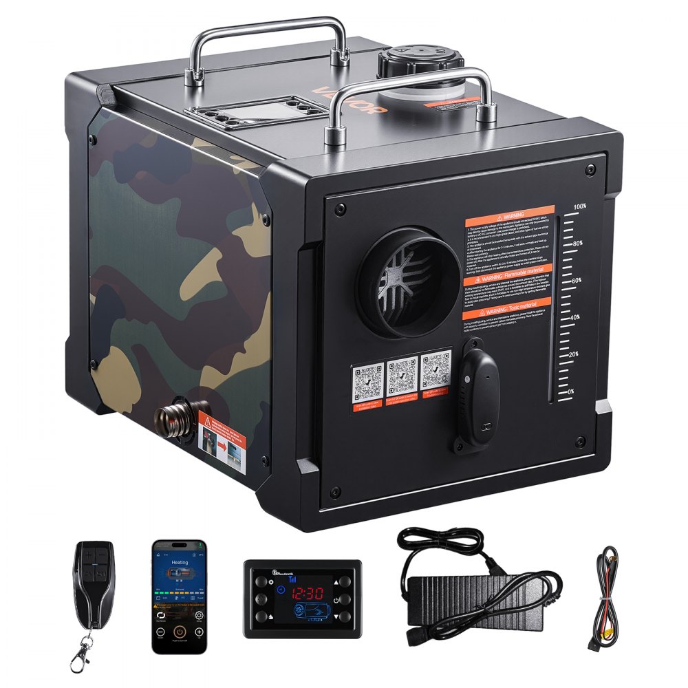 VEVOR XMZ-TB40 8KW all-in-one portable diesel heater with 7L tank, camouflage, CO alarm and Bluetooth app, official product image