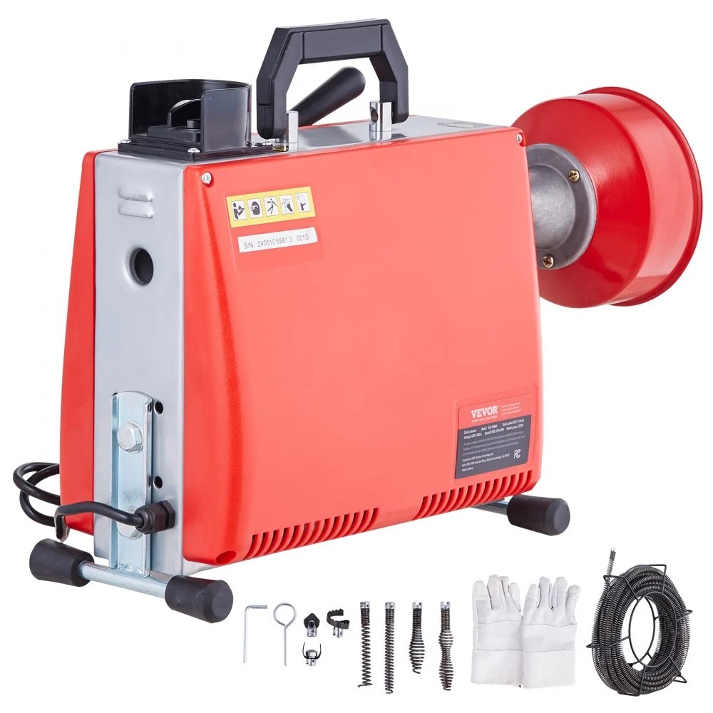 VEVOR 250 W box-type drain cleaner machine on wheels with sectional cables, cutters and gloves, official product image