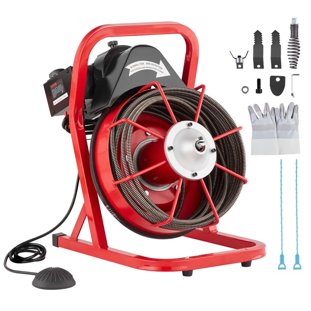 VEVOR D1000 drum drain cleaner on a red frame with 50 ft x 3/8 inch cable, air-activated foot switch and cutters, official product image
