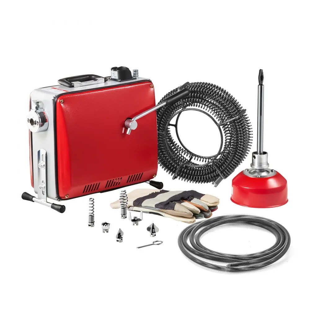 VEVOR GQ-100A 390 W box-type drain cleaner machine with three steel spring cables, six cutters and gloves, official product image