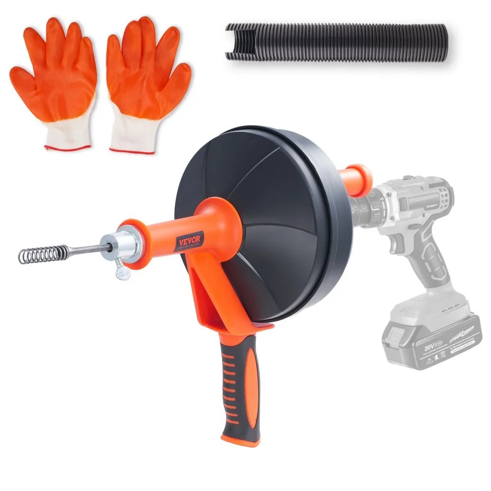VEVOR RC-2005F hand drain auger with 7.62 m spring cable, orange handle, drill attachment, protective hose and gloves, official product image