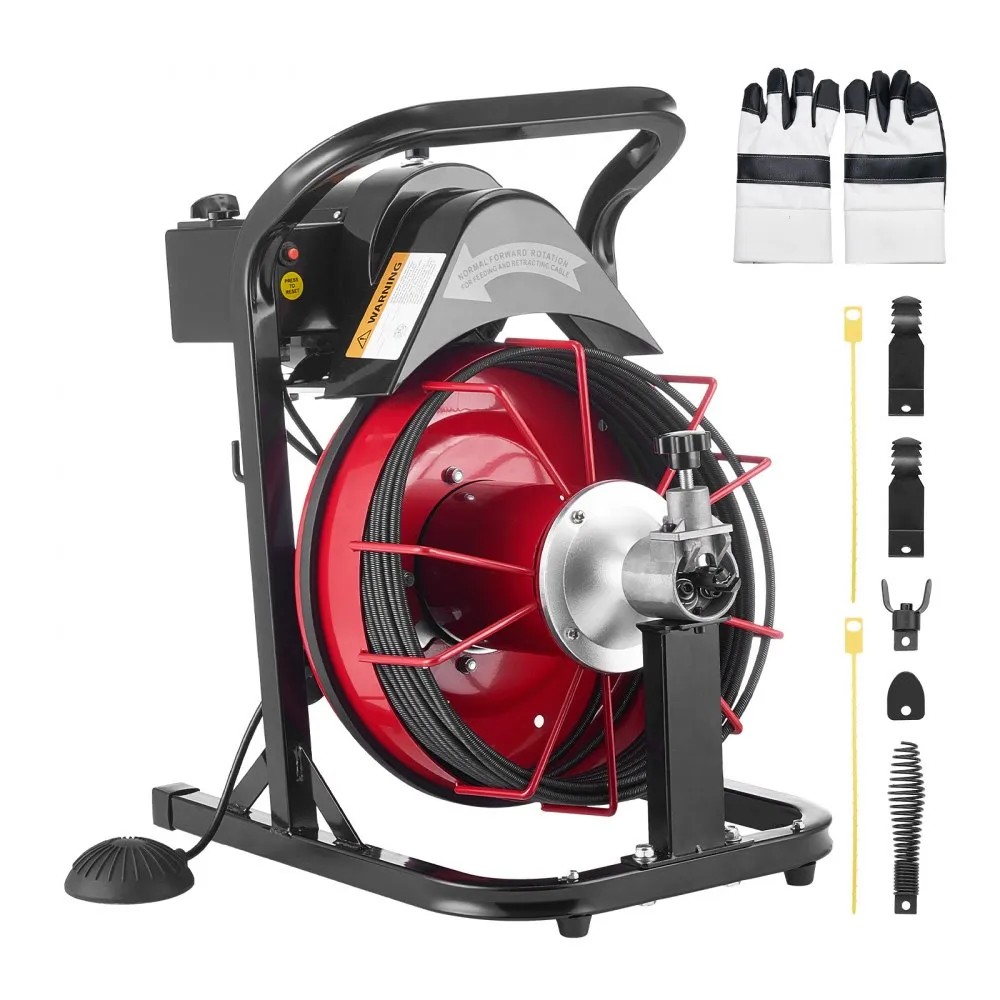VEVOR RC-9002L auto-feed drum drain cleaner with 15 m x 8 mm cable, foot switch, cutters and gloves, official product image