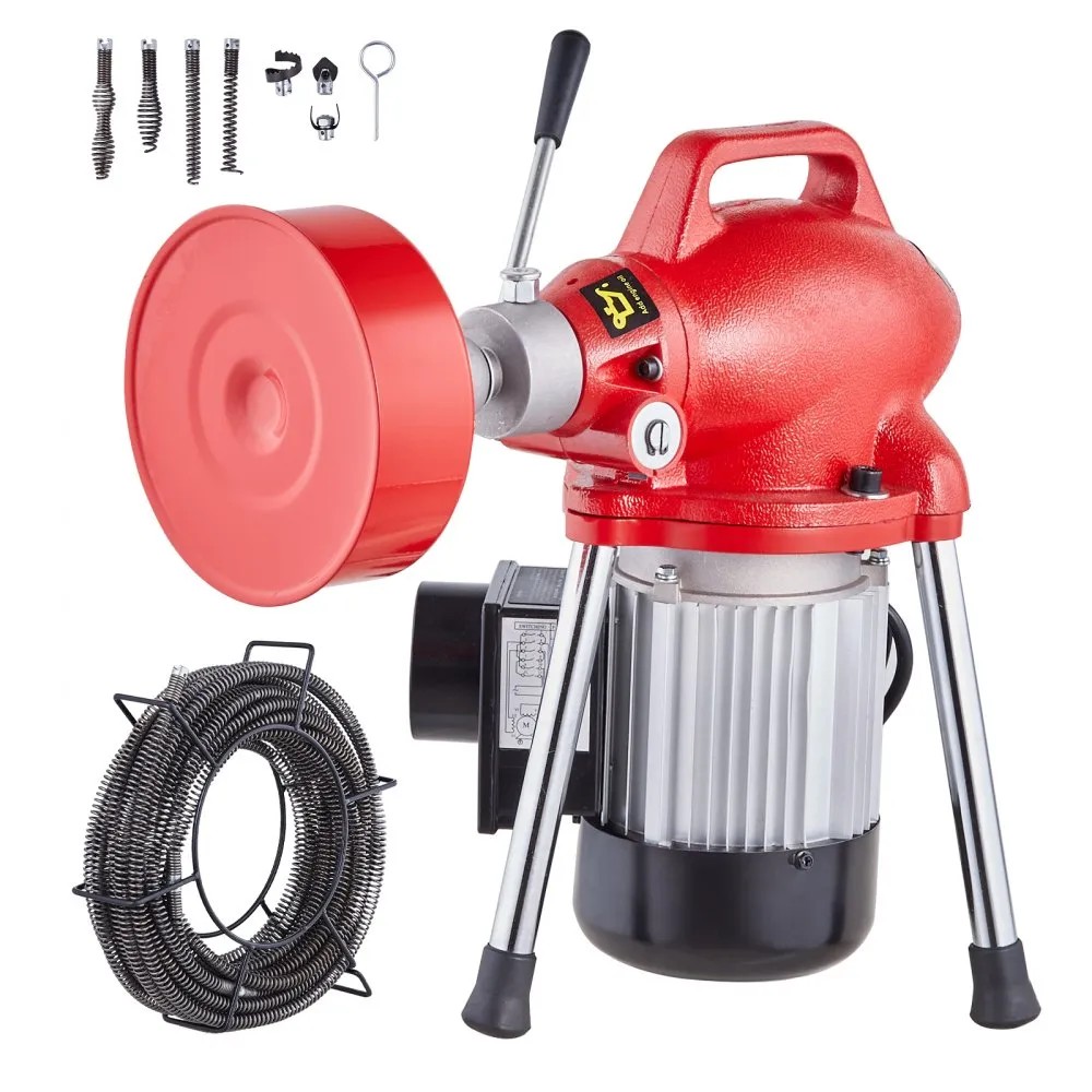 VEVOR 250 W sectional drain cleaner machine on a tripod stand with 20 m and 4.6 m sectional cables and cutters, official product image