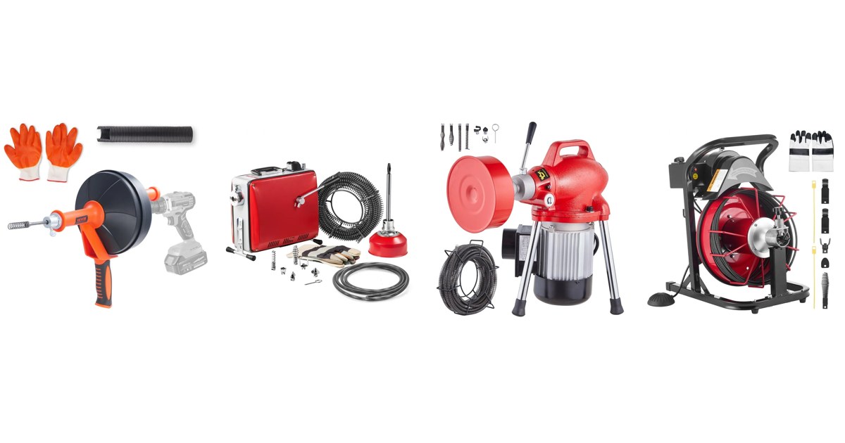 VEVOR drain cleaners side by side: hand drain auger, GQ-100A box machine, 250 W sectional machine and RC-9002L drum machine, official VEVOR product images