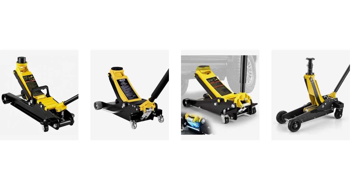 VEVOR low profile floor jacks side by side: 2.5 ton steel, 2.5 ton aluminium, 3 ton steel dual piston and 3 ton off-road high lift jack, official VEVOR product images