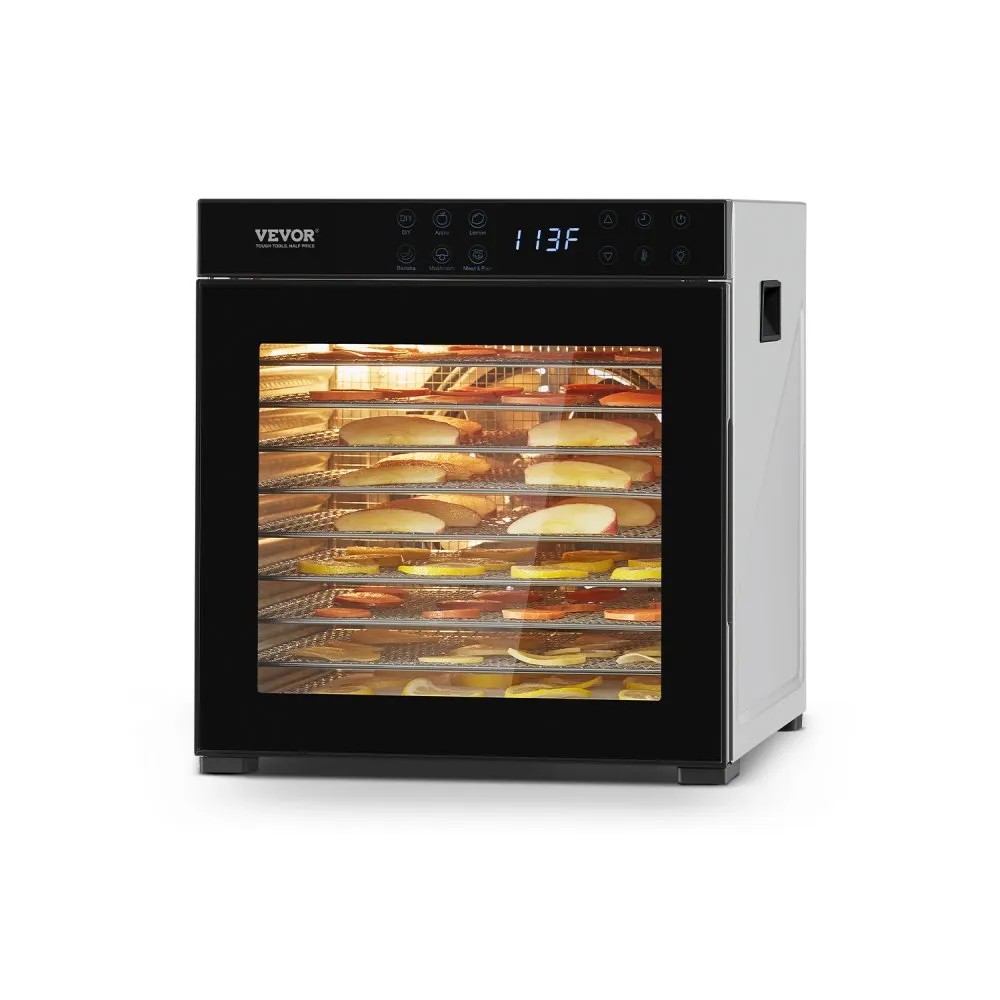 VEVOR FD-1018 food dehydrator, 10 stainless steel trays, 1000 W, black front with window, official product image