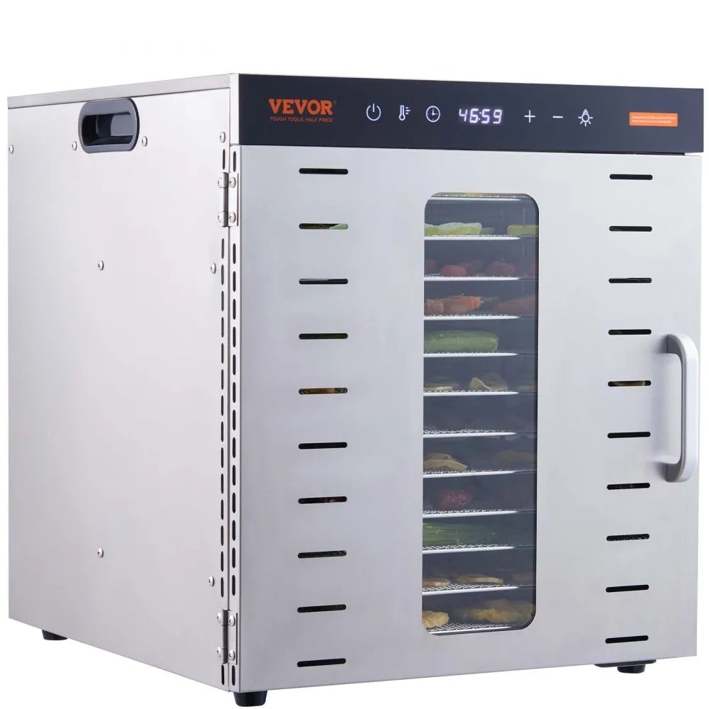 VEVOR SS-10X stainless steel food dehydrator, 10 trays, 1000 W, rear fan, official product image