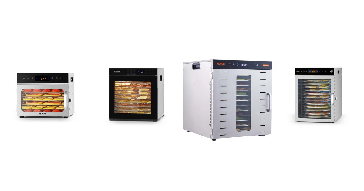 VEVOR food dehydrators side by side: 6-tray H6-C001, 10-tray FD-1018, 10-tray SS-10X and 12-tray rotary H12-CX001, official VEVOR product images