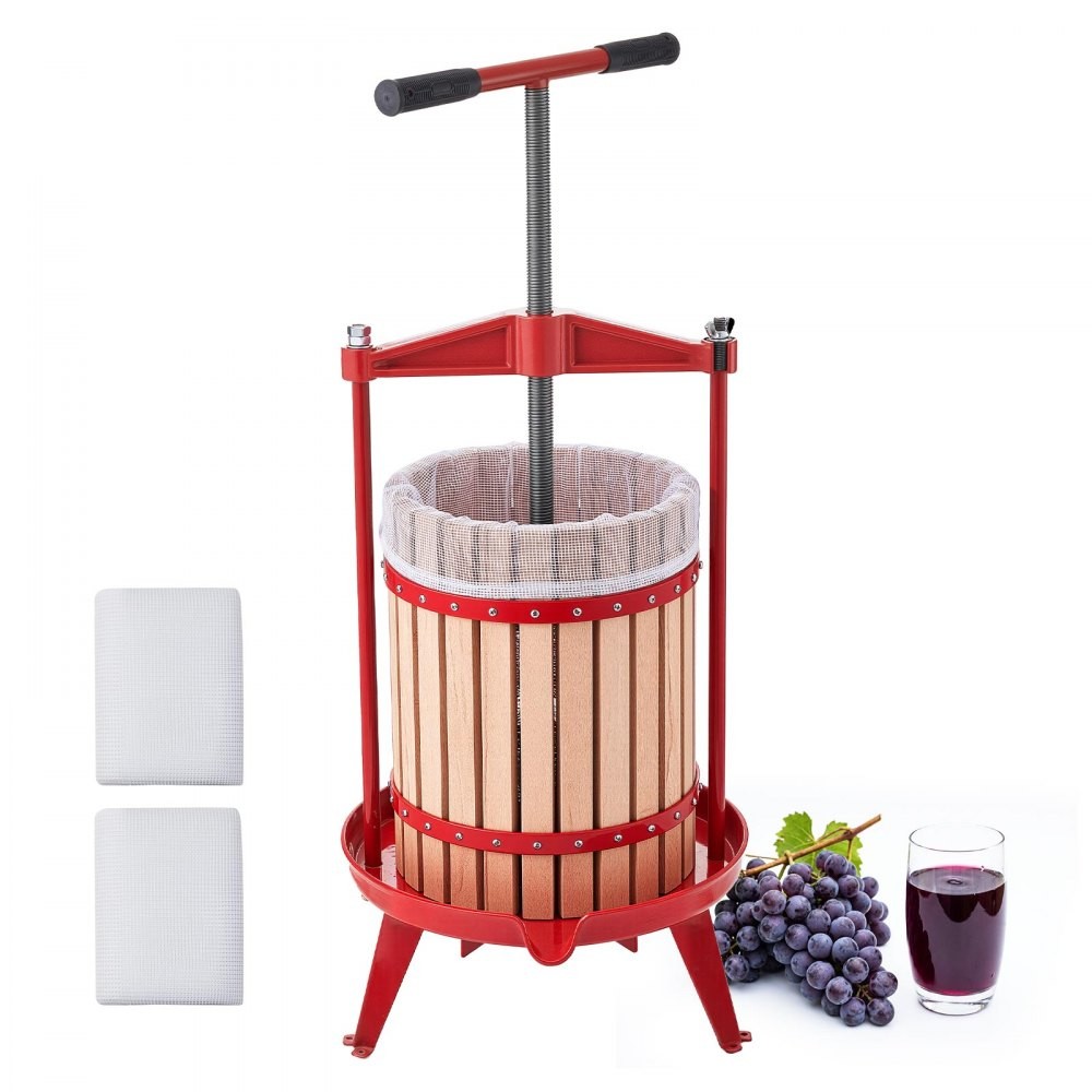 VEVOR LD-BP1802 18 litre fruit press with beech wood basket on a red stand with T-shaped handle bar and two filter bags, official product image